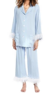 NUEVO CON ETIQUETAS $320 JUEGO DE PIJAMA DE FIESTA CON RIBETE DE AVESTRUZ AZUL ACIANO TALLA XS ¡AGOTADO! - Imagen 1 de 14