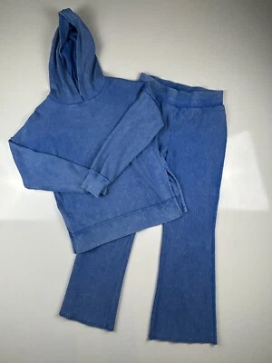 Moletom com capuz feminino com nervuras duas peças-calça pequena azul-pulôver cordão - Imagem 1 de 4