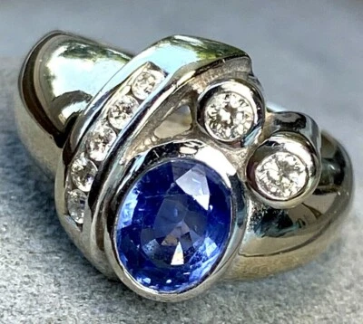 Diamond Natural Violet Tanzanite 18K White Gold Vintage Asymmetric Ring Size 7 - Image 1 of 4