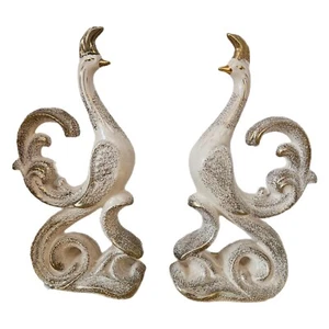 Mid Century California Pottery Peacock Figurine Set Cream & Gold Spatterware - Picture 1 of 10