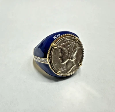 Moeda de dez centavos de mercúrio dos EUA banhado a ouro anel de sinete de prata esterlina tamanho 8, masculino feminino - Imagem 1 de 4