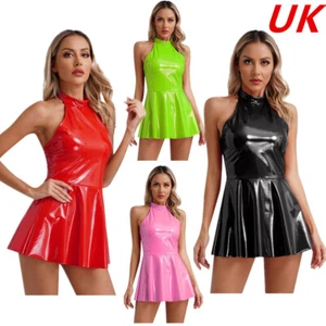 AU Womens Shiny Metallic Dress Halter Sleeveless A-line Back Zipper Mini Dress - Picture 1 of 43