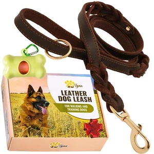Double Handle Leather Dog Leash 6ft Braided Heavy Duty Brown - Picture 1 of 8
