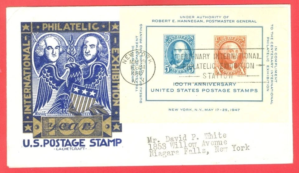USA 1947 Stamp Centenary S/S on CACHET CRAFT FDC Cover - Image 1 of 1