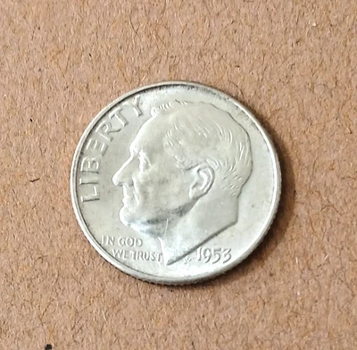 Moneda de diez centavos Roosevelt 1953 90 % plata AU Foto 1 de 2