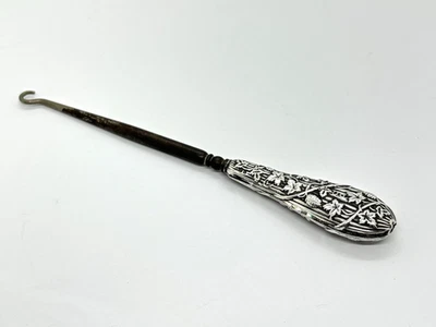 Antique Sterling Silver Handled Button Hook - embossed grape vine detail - Image 1 of 4