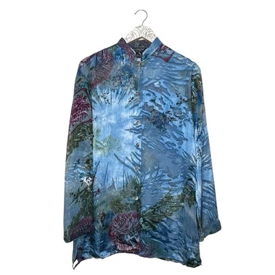 Citron Santa Monica Blouse Silk Blend Burnout Top Flowy Watercolor Art Tunic - Image 1 of 4