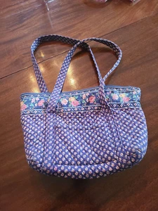 Vera Bradley Floral Blue Tote Shoulder Hand Bag Retired Print Nice Free Ship - Picture 1 of 4