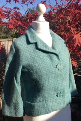 TRUE VTG 50s 60s CROP BOX SHORT JACKET WOOL TWEED HOUNDSTOOTH MOD MATTLI XS S - Image 1 of 4