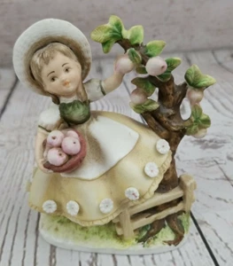 Lefton China Figurine of Girl Holding Basket of Fruit Apple by Tree KW 3058B-WOW - Picture 1 of 10