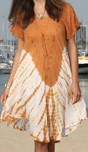 Vestido boho talla libre para mujer SR Fashions marrón claro y blanco tie dye línea A - Imagen 1 de 11