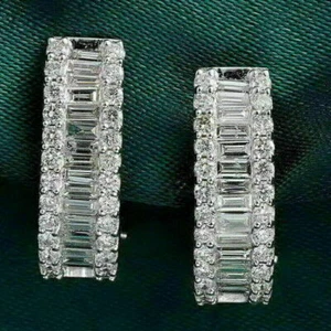 3Ct Baguette Cut Simulated Diamond Huggie Cluster Earrings 14K White Gold Plated - Picture 1 of 5