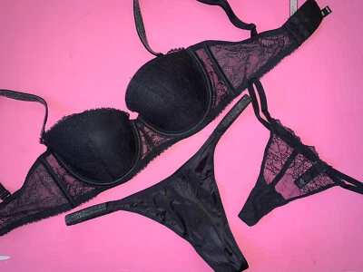 CONJUNTO DE SUTIÃ VICTORIA'S SECRET 34D L tanga cristalizada PRETO prata renda CINTA BRILHANTE - Imagem 1 de 4