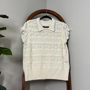 LC Lauren Conrad XL White Pointelle Knit Flutter Sleeve Crochet Sweater Top NEW - Picture 1 of 9