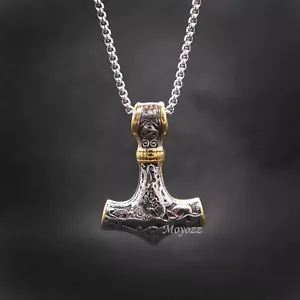 Mens Stainless Steel Norse Viking Thors Gold Hammer Mjolnir Pendant Necklace - Picture 1 of 6