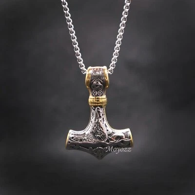 Mens Stainless Steel Norse Viking Thors Gold Hammer Mjolnir Pendant Necklace - Image 1 of 4