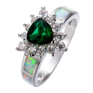 Traingle Cut White Opal Green Quartz Gemstone Platinum Plated Ring Size 6-10 - Picture 1 of 4