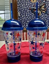Celebrate July 4th With 2 Flashing Light Up 16 Oz Cups With Straws. New, Washed