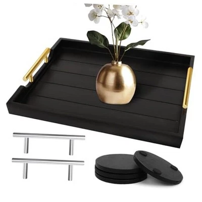 Coffee Table Trays - Large Ottoman Tray for Living Room - Wood Serving Black - Image 1 of 4