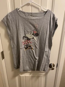 Disney Store L Top Minnie Mouse Gray Cap Sleeve Soft Shirt Bling Large Lg - Picture 1 of 9