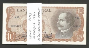 Chile 10 Escudos N.D. (1970); UNC; P-143; BNB-B279a; Lot of 25 consecutive ser # - Picture 1 of 1