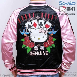 Sanrio x Switch Planning Trump Hello Kitty Embroidered Sukajan Black x Pink S - Picture 1 of 5