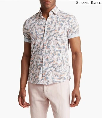 STONE ROSE ORANGE PALM PRINT TRIM FIT STRETCH COTTON S/S BUTTON-UP SHIRT. SZ XL - Image 1 of 4