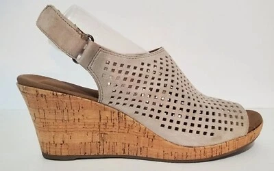 Rockport Briah Perf Caqui Gamuza Cuero Corcho Tacón Eslinga Punta Abierta Cuña Zapatos 9 Foto 1 de 4