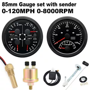 2 Gauge SET 85MM GPS Speedometer 0-120MPH W/Tacho & 4 IN 1 Gauge With Senders - Picture 1 of 17