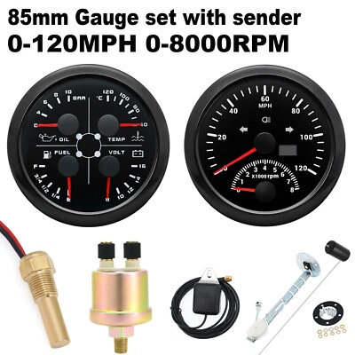 2 Gauge SET 85MM GPS Speedometer 0-120MPH W/Tacho & 4 IN 1 Gauge With Senders - Image 1 of 4