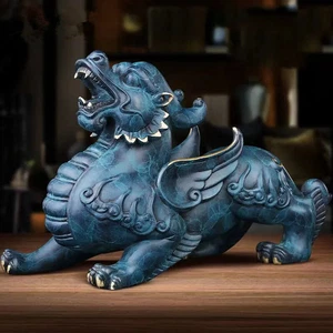 Statua scultura mascotte Pi Xiu rame puro animale mitico Cina ornamento fortunato - Foto 1 di 5
