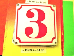 Hausnummer Emaille Nr. 3 rote Zahl auf weißem Hintergrund 14 cm x 14 cm  - Picture 1 of 3
