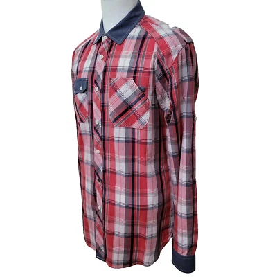 Marc Ecko Cut & Sew Men's Size L Red Check Cotton Long Sleeve Casual Shirt - Image 1 of 4