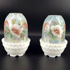 Pair of Vintage Fenton Glass Hand Painted Iridescent Fairy Lamp  Mint w/sticker