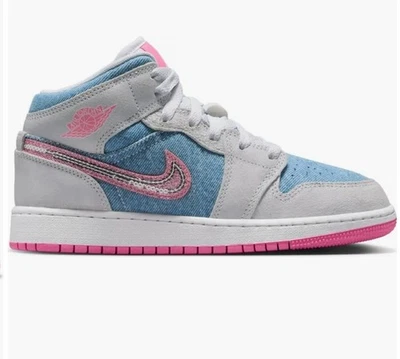 Nike Air Jordan 1 Mid Denim Sequin GS 6.5Y Youth HQ1999-400 Pink New Release - Image 1 of 4