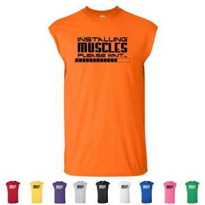 Sleeveless Cut-off T-Shirts "Installing Muscle Wait" Funny Gym Mens Graphic Tees - Picture 1 of 10