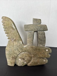 Inuit Soapstone Carving – Inukshuk on Sea Creature – Indigenous Art Vintage Rare - Picture 1 of 14