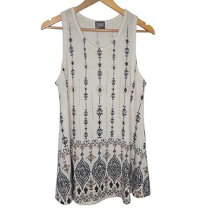 Vocal Women Linen Tan Navy Blue Crystal Stud Tank Top Tunic Dress Size Large - Bild 1 von 6