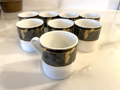 8 件套复古瓷制浓缩咖啡杯 – S.T.C. P.R.C 制造 – 金叶黑色 — 第 1/4 张图片