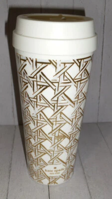 :: Kate Spade Travel Coffee Mug Tumbler 16oz Retro Gold Metallic Basket Weave :: - Image 1 of 4