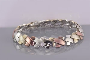 Tri Colored Sterling Silver 10mm Stamped X Textured Panels 925 Bracelet 18g 7" - Picture 1 of 5
