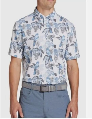 Walter Hagen Polo Mens, Floral All Over Print Bird Blue jay Shirt Size XL