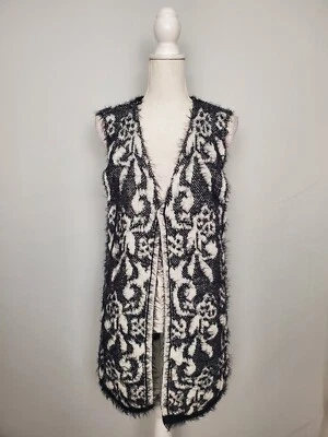 Suéter Chaleco Plumero Lanalee Blanco y Negro Difuso Frente Abierto Para Mujer Talla XL. Foto 1 de 4