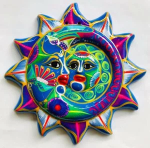 Mexican Sun Moon Face Eclipse Folk Art Talavera Pottery Hand Painted 11"  #2 - Picture 1 of 4