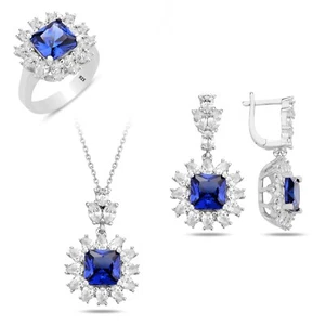 925K Sapphire Silver Jewelry Set Handmade Unique Earring Ring Necklace for Her - Picture 1 of 10