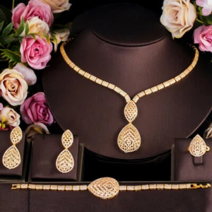 Dubai Luxury Gold Plated Necklace Bracelet Earrings Ring CZ Wedding Jewelry Set - Picture 1 of 7