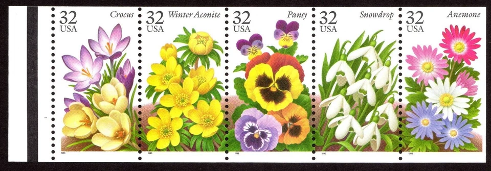 Scott #3029a (3025) - Garden Flowers Booklet Pane of 5 Stamps with Tab - MNH P#1 - Image 1 of 1
