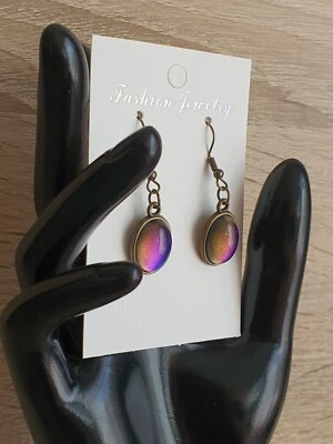Ohrringe, Handarbeit, Glas Cabochon oval, changierende Farben, Unikat - Bild 1 von 4