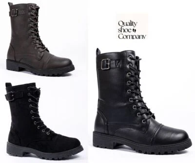 LADIES WOMENS FLAT LOW HEEL LACE UP ZIP COMBAT ARMY MILITARY ANKLE BOOTS SIZE UK