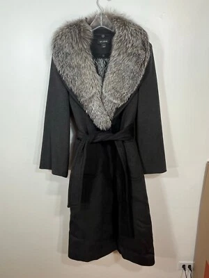 St John Angora Abrigo Piel Zorro Cuello Gris Cinturón Forrado Mujer Pequeño Elegante Foto 1 de 4